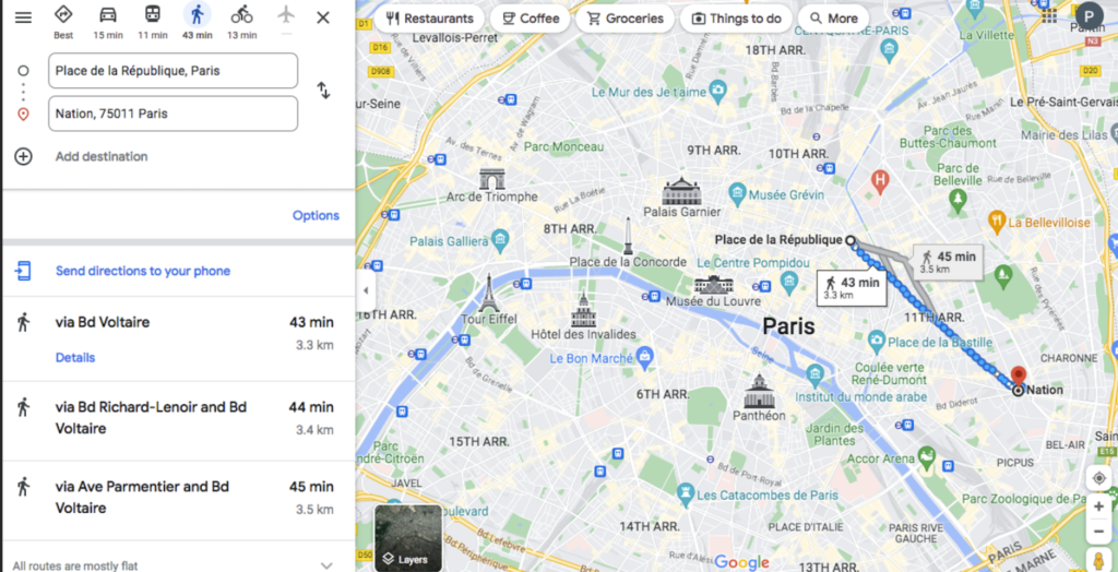This is a screenshot of a map of Paris with the itinerary of a walk. This walk is the route that half of the strikes in Paris are going to go through.